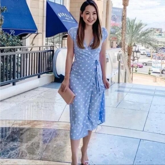 J.Crew Midi Wrap Polka Dot Dress Soft Rayon Light Blue Size Medium - Picture 2 of 7
